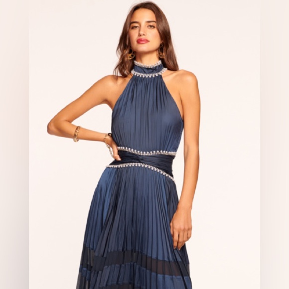 Ramy Brook Alora Pearl Embellished Midi Dress In Navy NWT